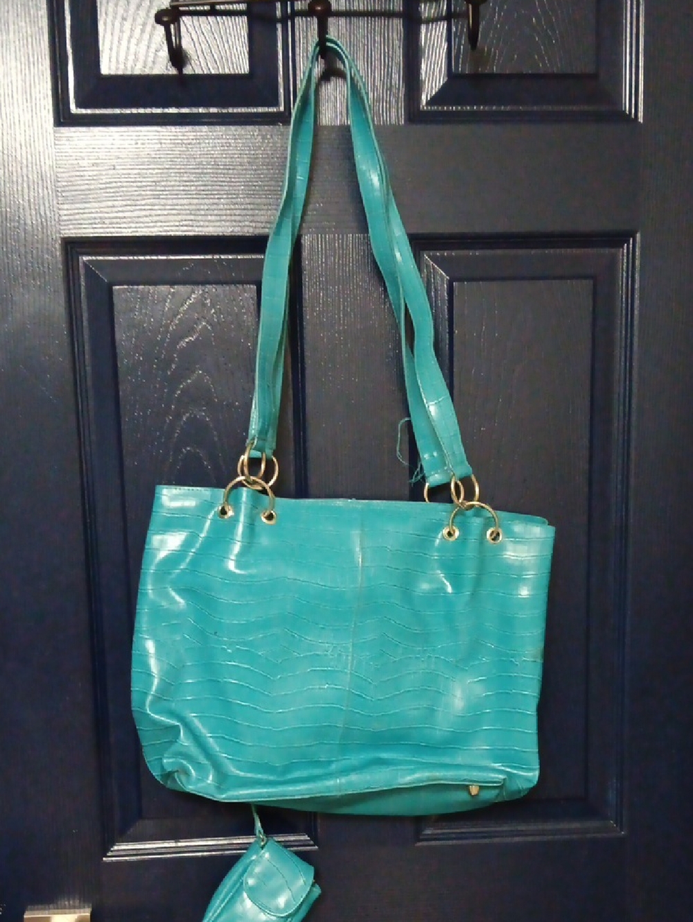 Turquoise Faux-Leather Women's Tote with Gold Rings